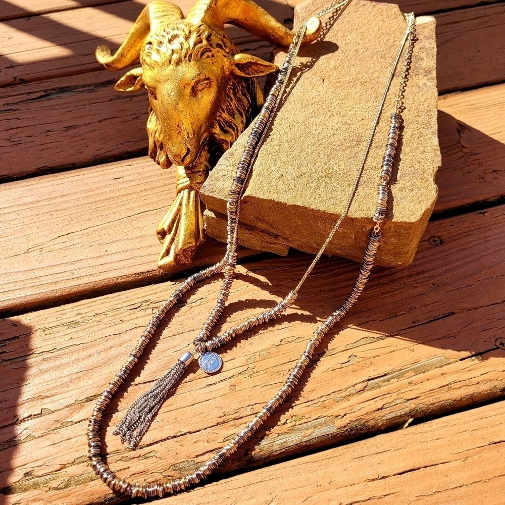 GOLD SILVER & GUNMETAL LAYERED TASSEL …